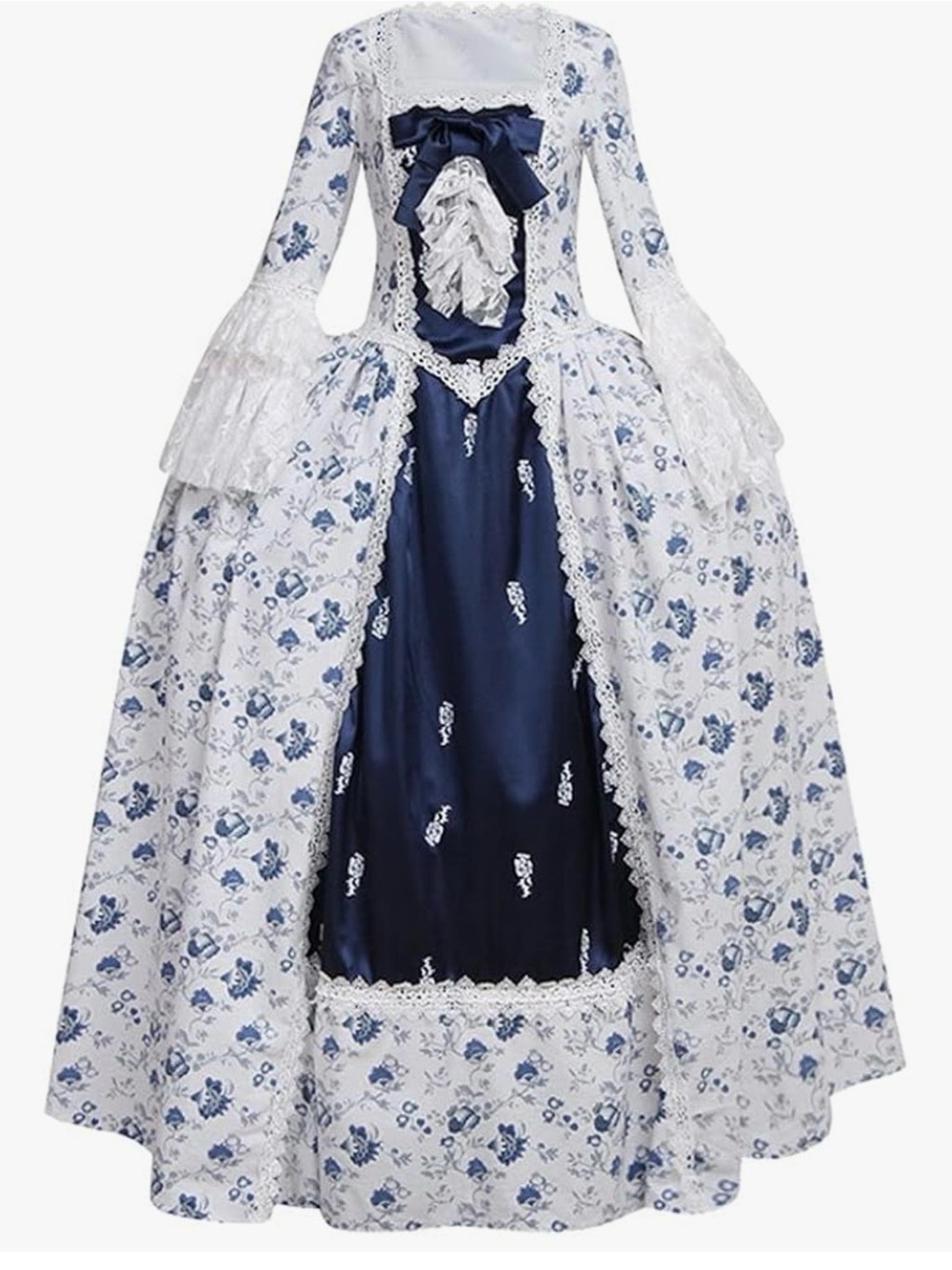 Blue and White Floral Rococo Gown with Navy Satin Trim